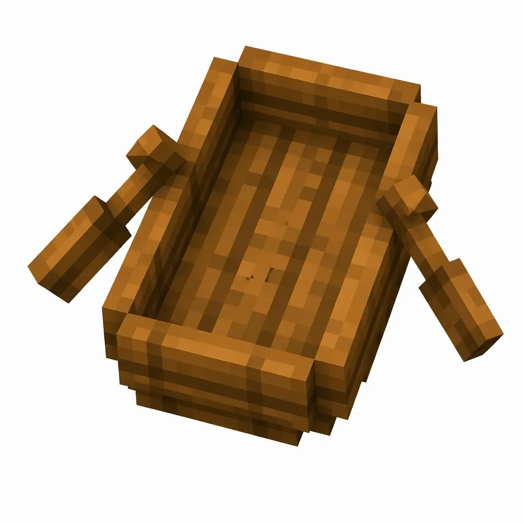 Pixel art illustration of a warm orange-brown jungle wood boat with two paddles