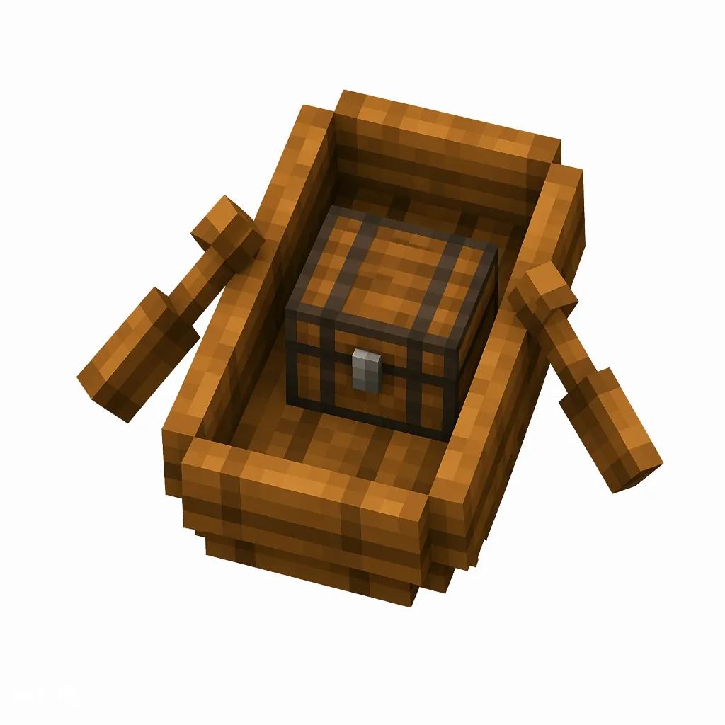 Pixel art illustration of a warm orange-brown jungle boat with a chest strapped in the middle