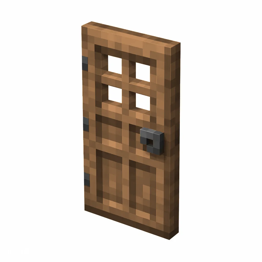 Pixel art illustration of a jungle wood wooden door with window holes and a gray metal handle