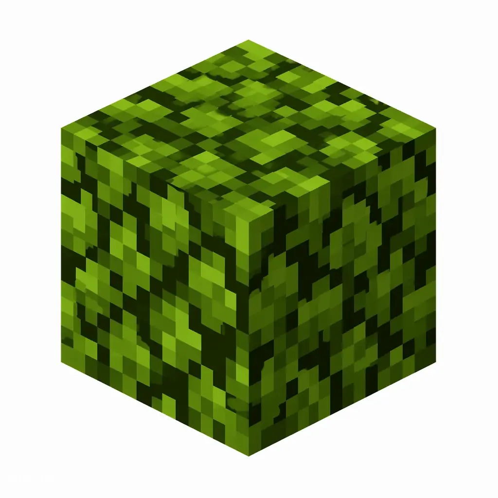 Pixel art illustration of a jungle leaves block with vivid tropical green foliage