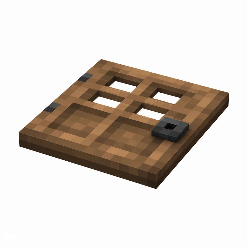 Pixel art illustration of a flat jungle wood wooden trapdoor with a dark metal ring handle