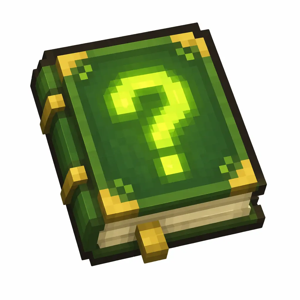 Pixel art illustration of a knowledge book in chunky voxel game style