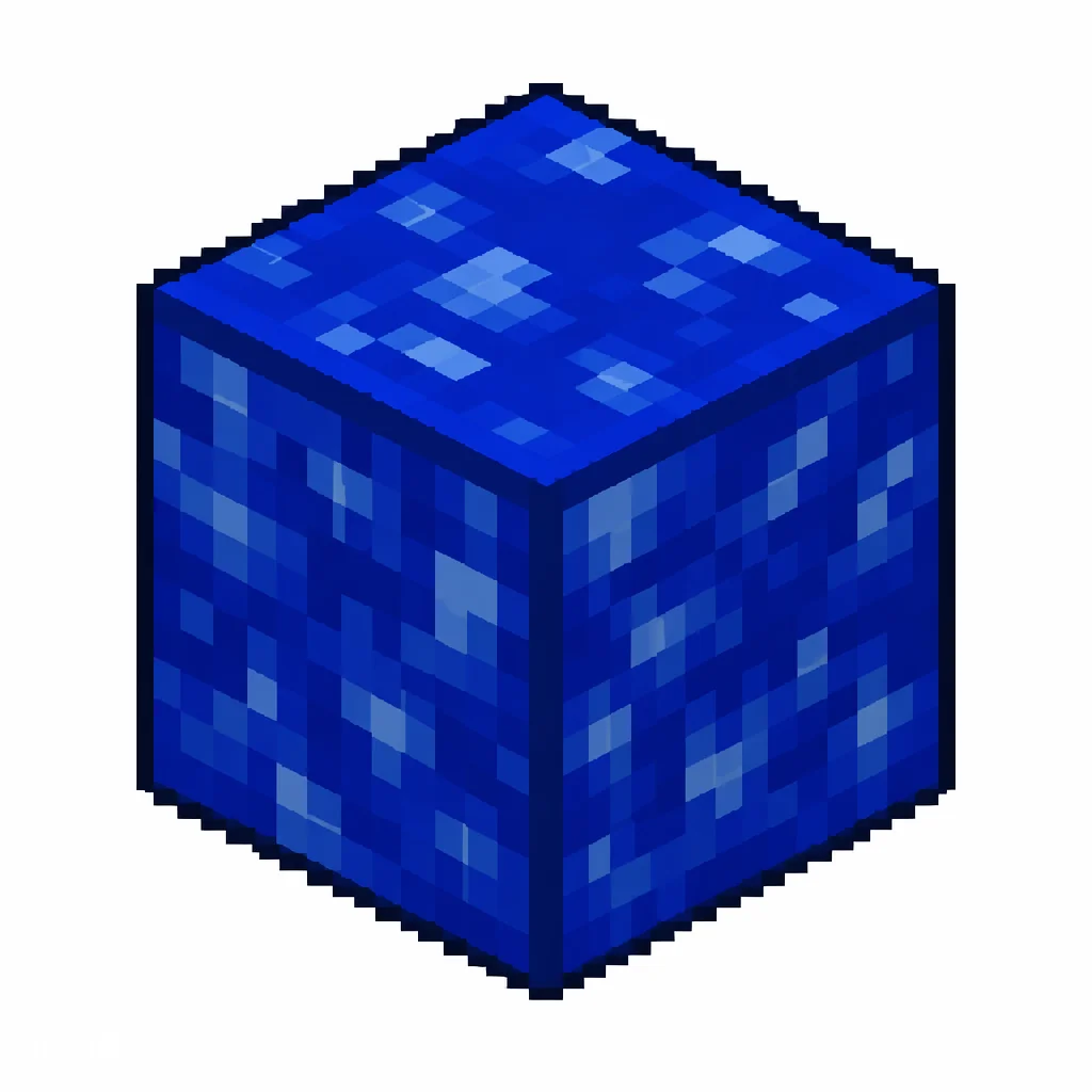 Pixel art illustration of a block of lapis lazuli in chunky voxel game style