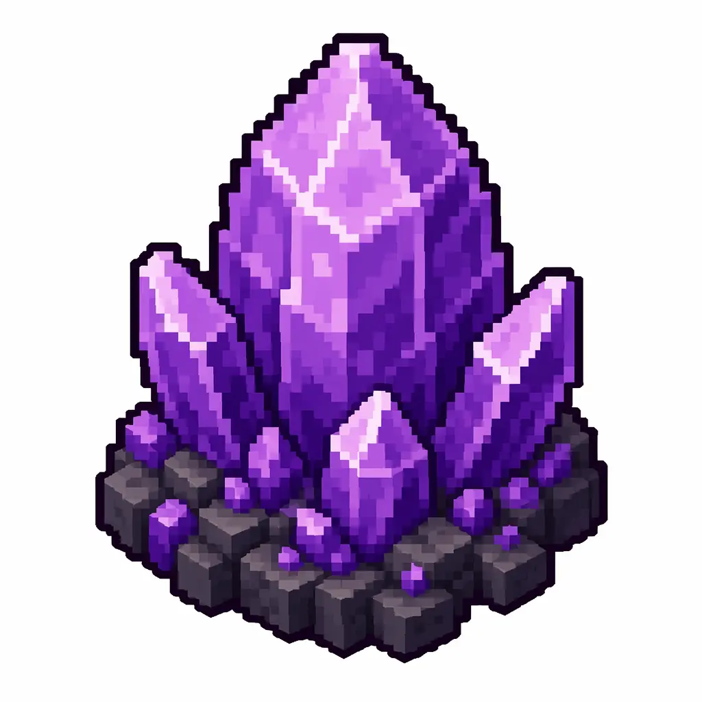 Pixel art illustration of a large purple amethyst crystal bud on a dark stone base