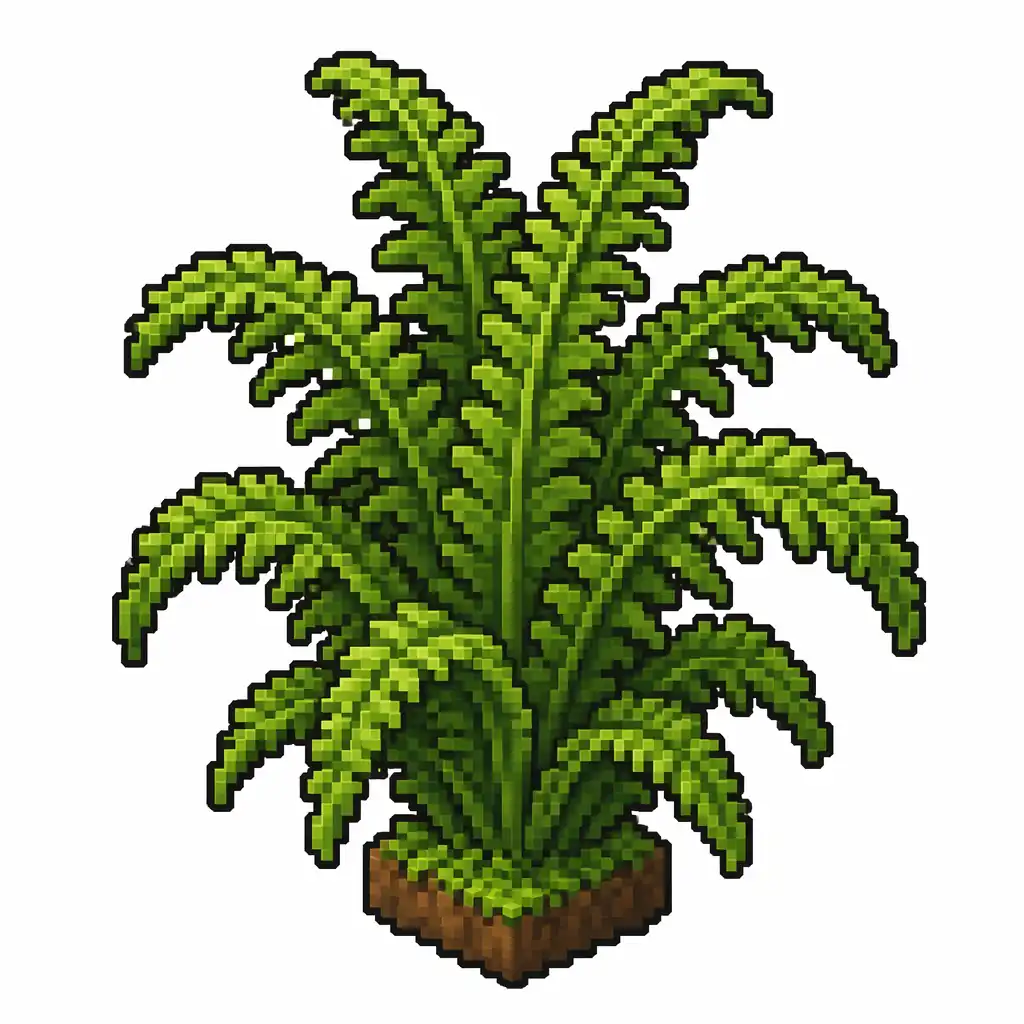 Pixel art illustration of a large fern in chunky voxel game style