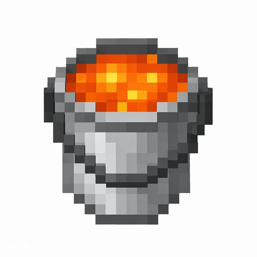 Pixel art illustration of a metal bucket filled with glowing orange lava