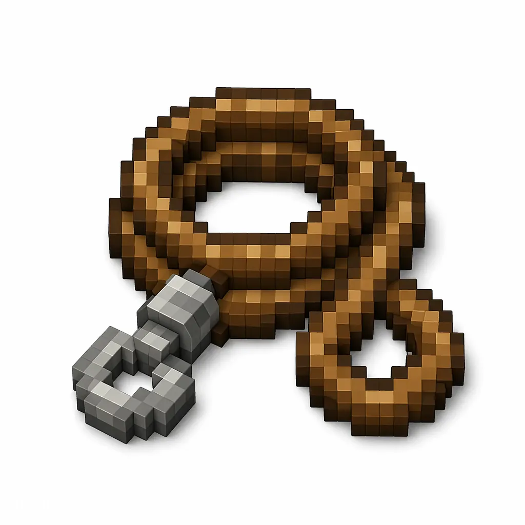Pixel art illustration of a lead, a coiled brown rope leash with a metal clip