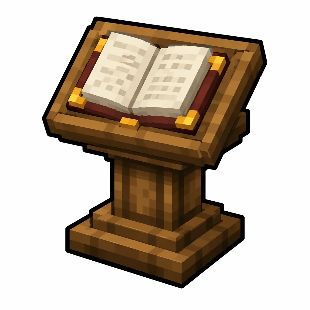 Pixel art illustration of a lectern in chunky voxel game style