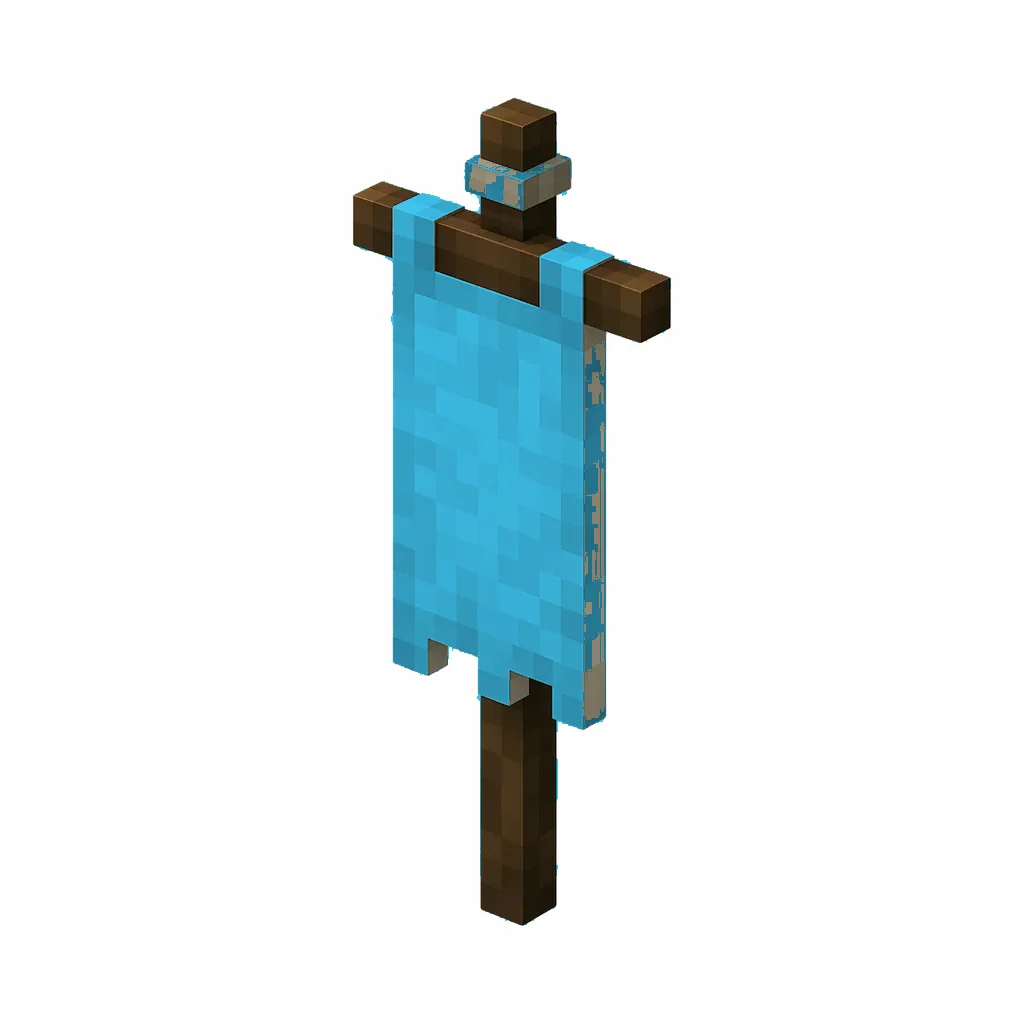 Pixel art illustration of a light blue banner hanging from a wooden pole