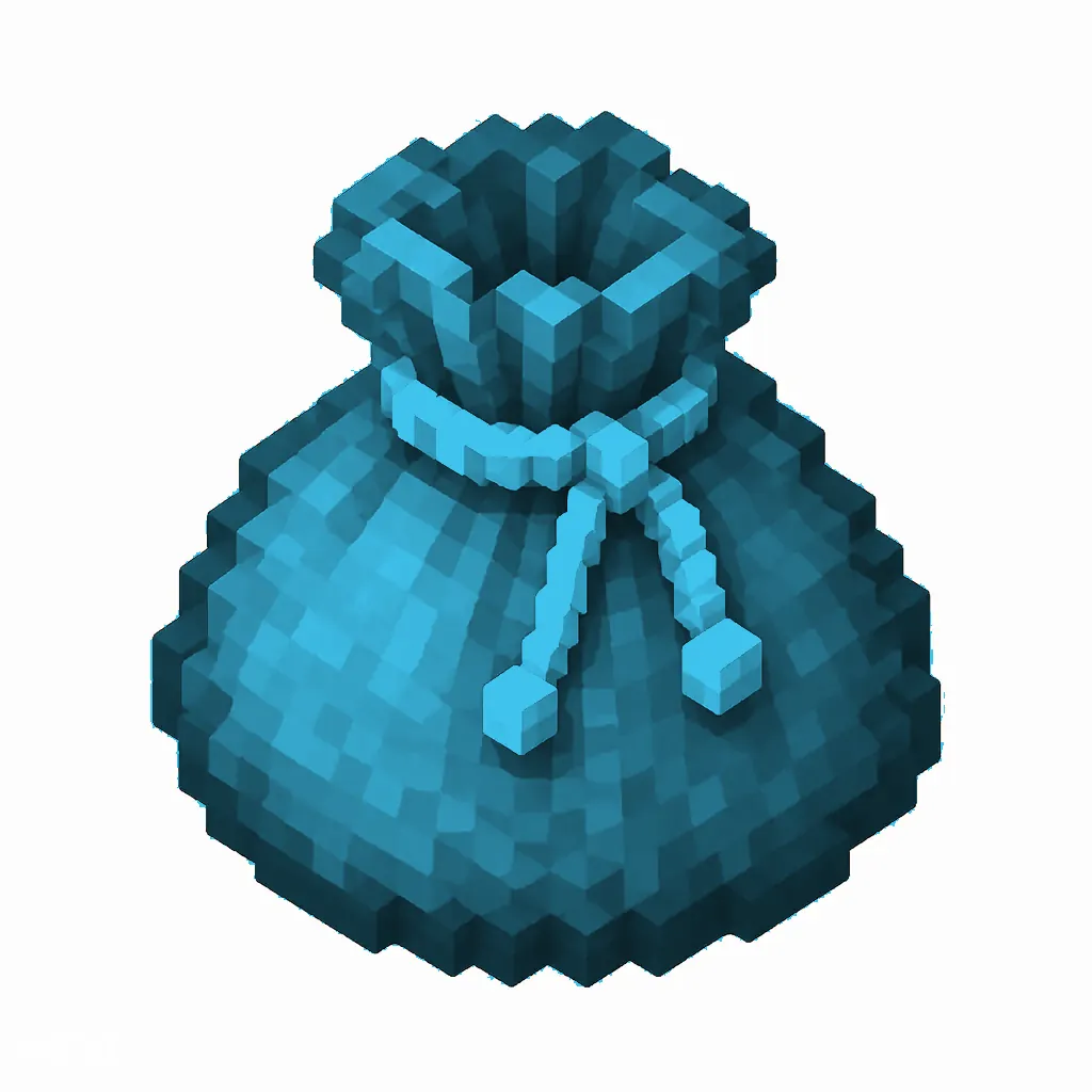 Pixel art illustration of a light blue dyed bundle pouch tied with string