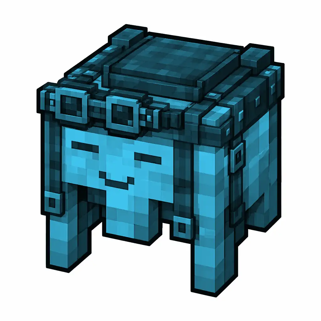 Pixel art illustration of a light blue happy ghast harness with a saddle seat and straps