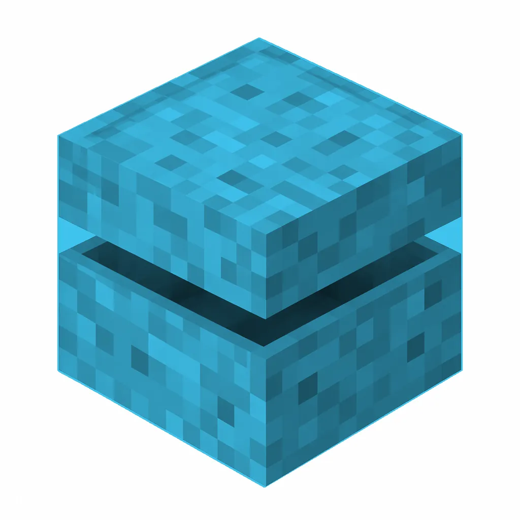 Pixel art illustration of a light blue shulker box with a raised clam-shell lid