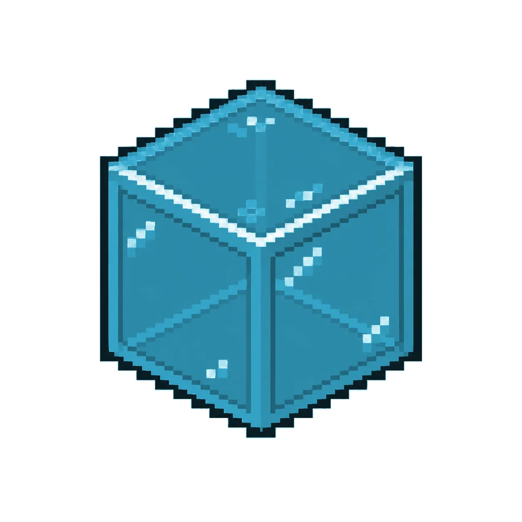 Pixel art illustration of a light blue stained glass block with a dark framed translucent light blue pane