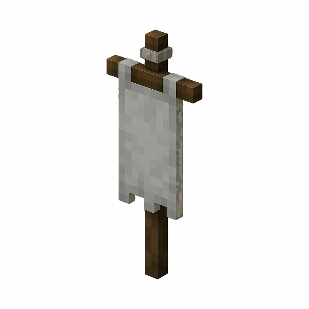Pixel art illustration of a light gray banner hanging from a wooden pole