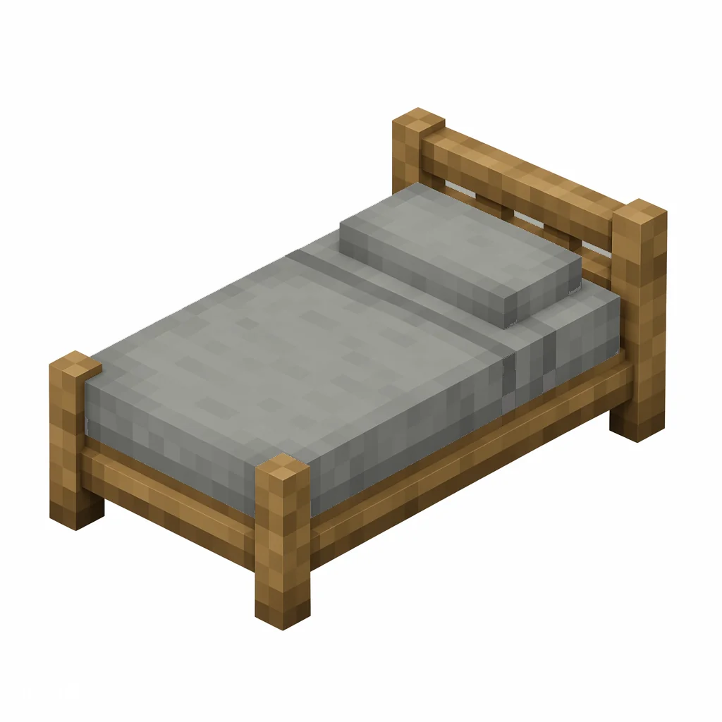 Pixel art illustration of a light gray bed with a wooden frame and a light gray blanket and pillow