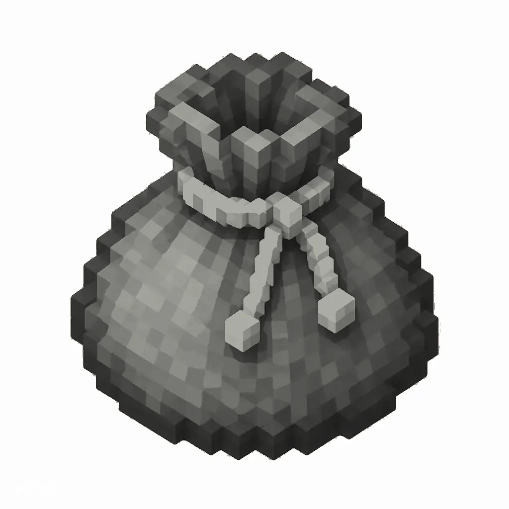 Pixel art illustration of a light gray dyed bundle pouch tied with string