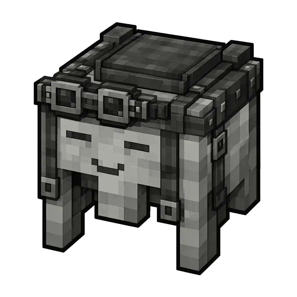 Pixel art illustration of a light gray happy ghast harness with a saddle seat and straps