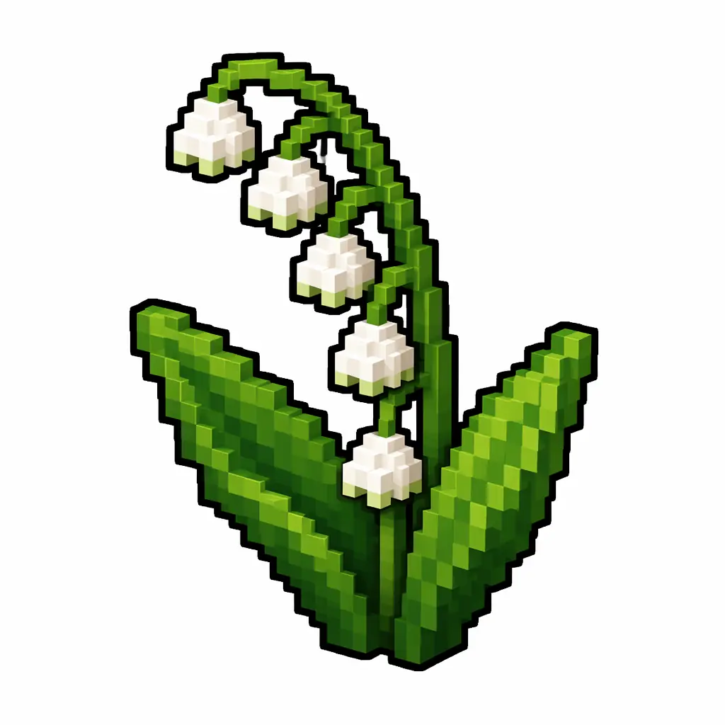 Pixel art illustration of a lily of the valley in chunky voxel game style
