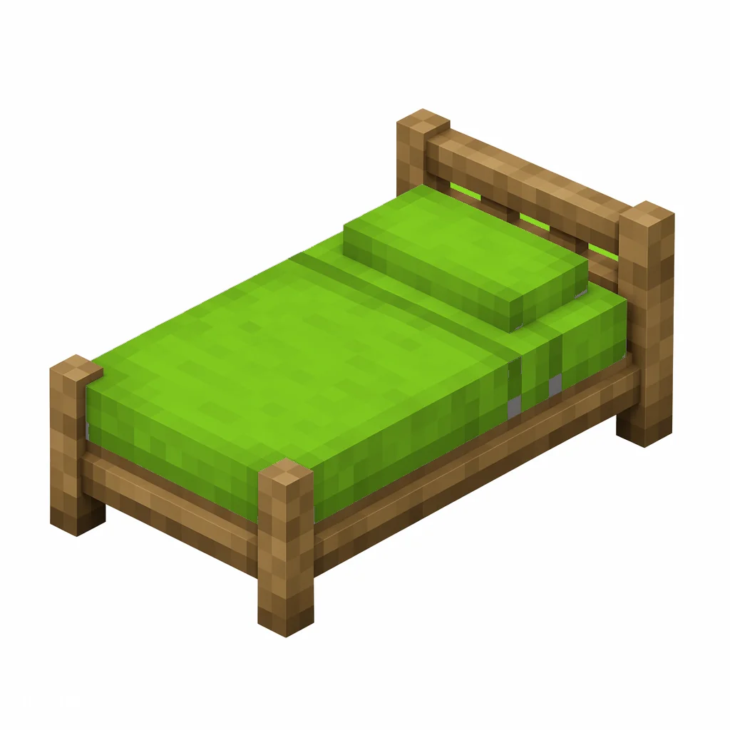 Pixel art illustration of a lime bed with a wooden frame and a lime blanket and pillow