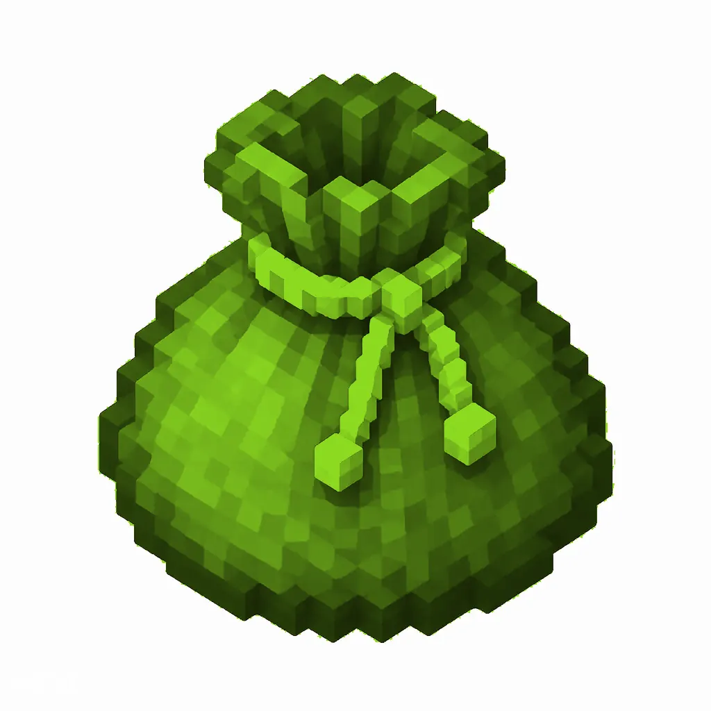 Pixel art illustration of a lime dyed bundle pouch tied with string