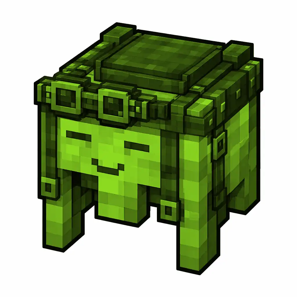 Pixel art illustration of a lime happy ghast harness with a saddle seat and straps