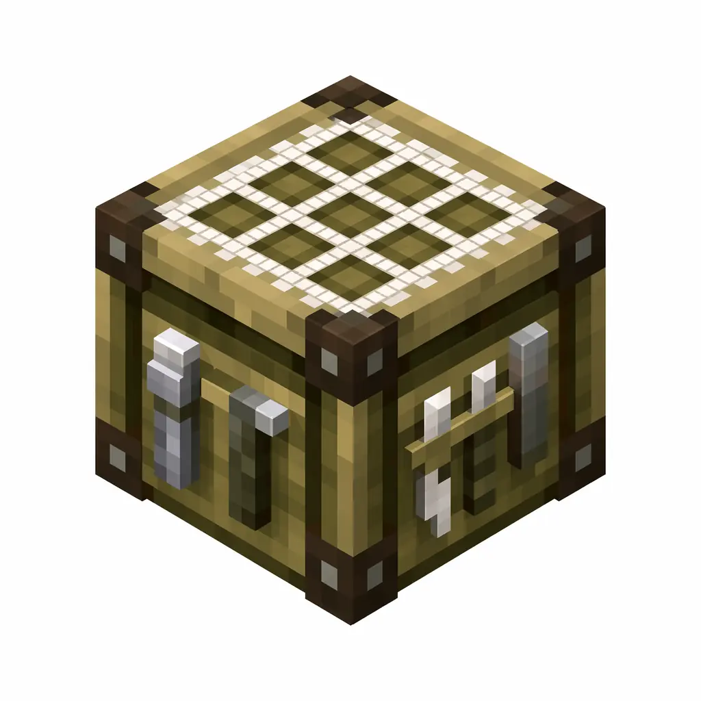 Pixel art illustration of a loom block with woven threads on the top