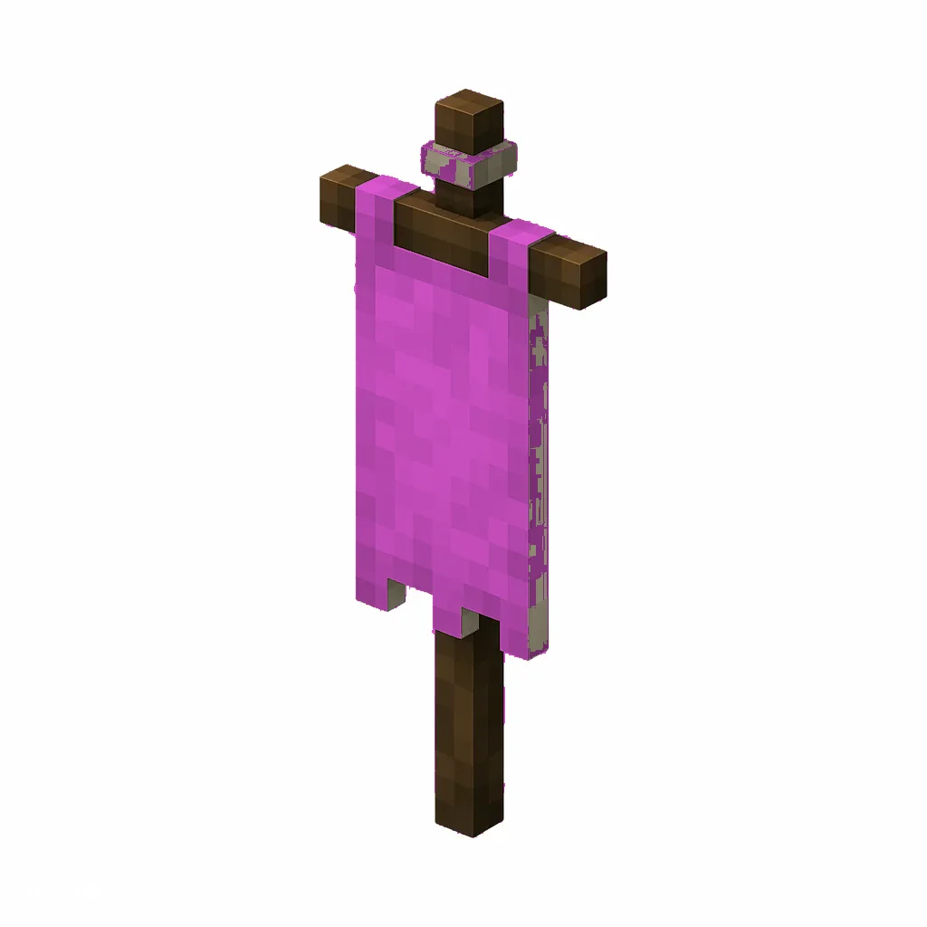 Pixel art illustration of a magenta banner hanging from a wooden pole