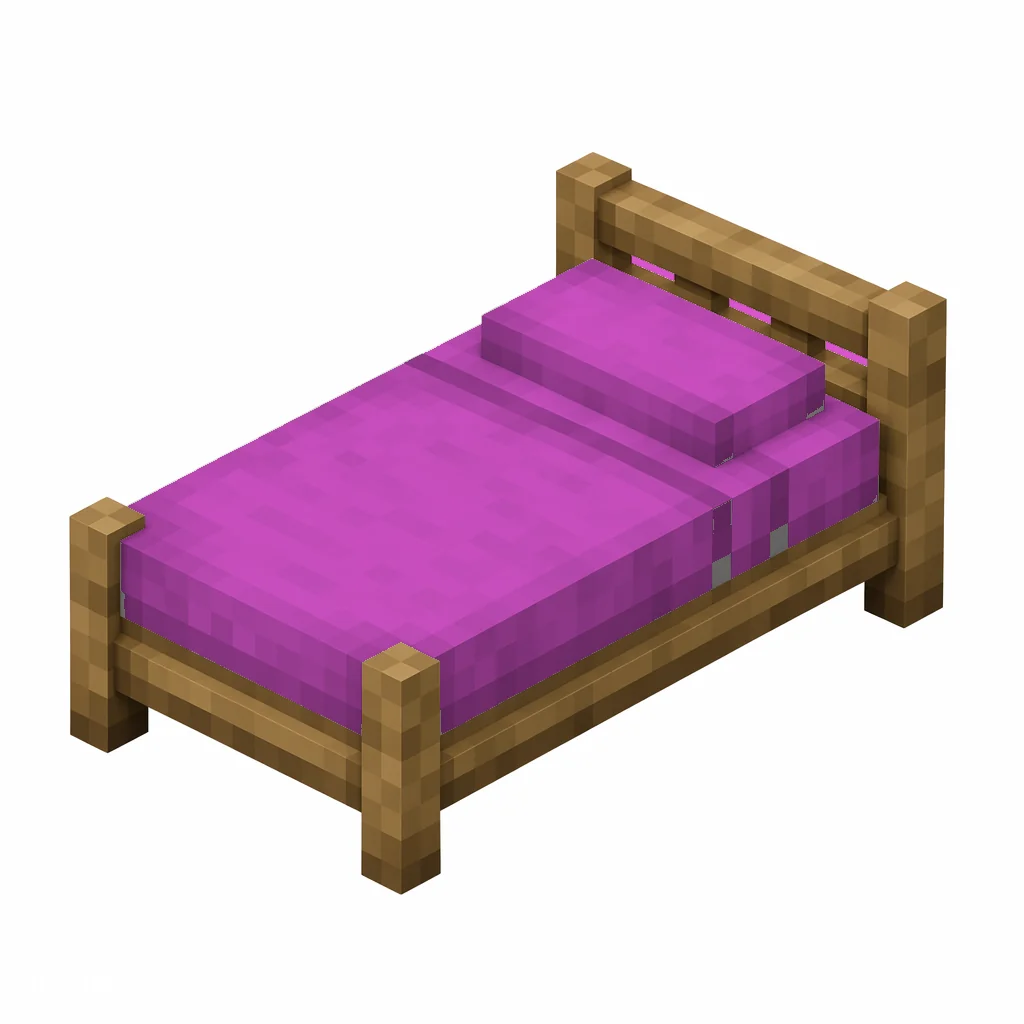 Pixel art illustration of a magenta bed with a wooden frame and a magenta blanket and pillow