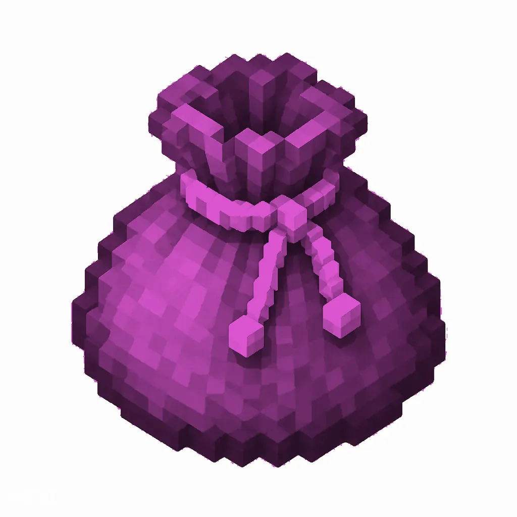 Pixel art illustration of a magenta dyed bundle pouch tied with string