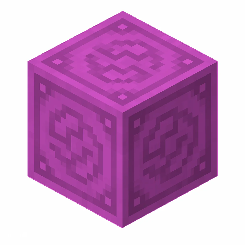 Pixel art illustration of a magenta glazed terracotta block with a swirling ornate pattern