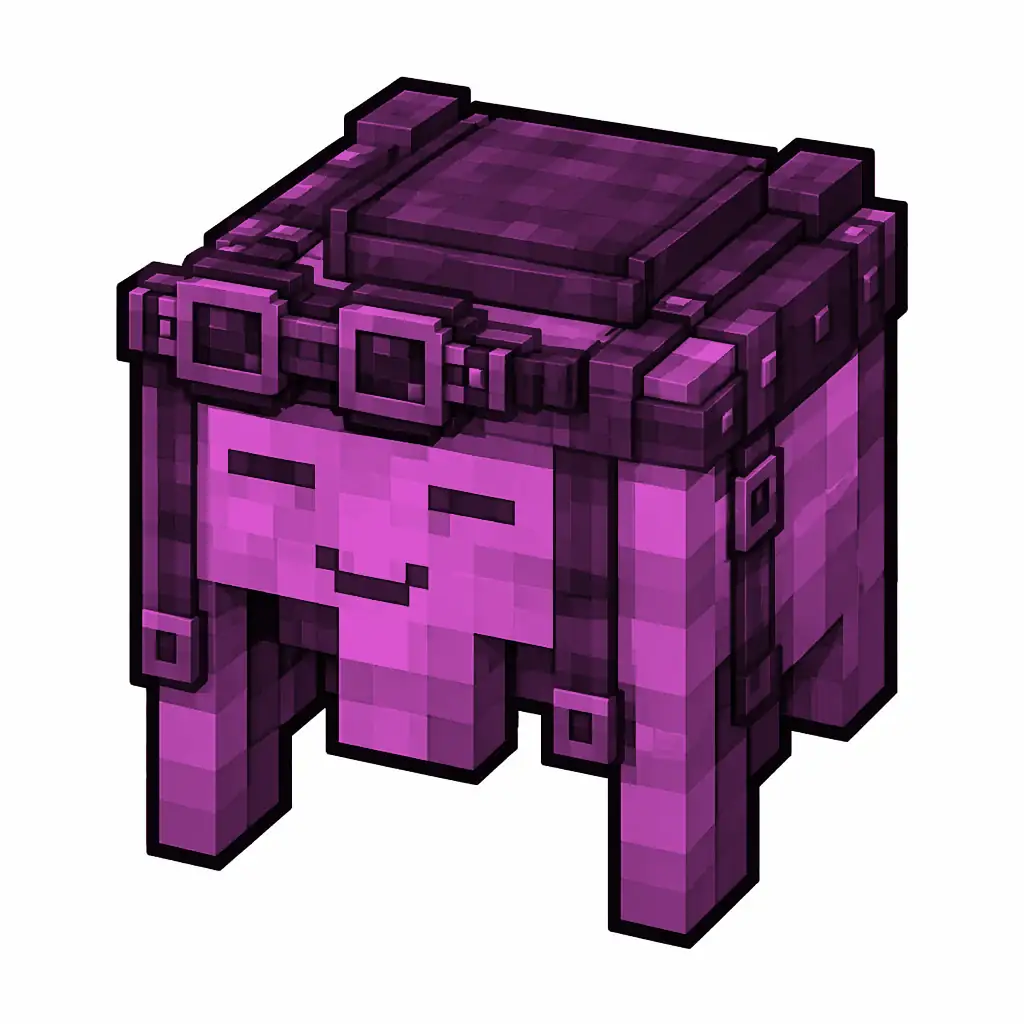 Pixel art illustration of a magenta happy ghast harness with a saddle seat and straps