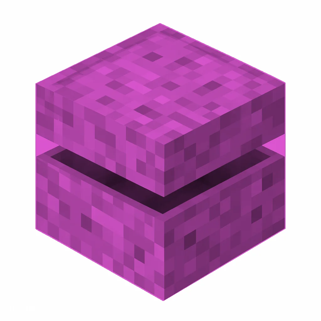 Pixel art illustration of a magenta shulker box with a raised clam-shell lid