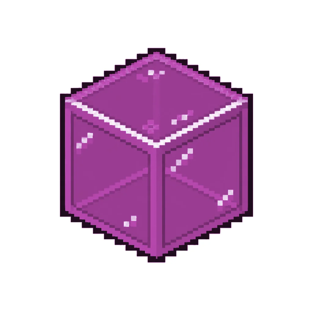 Pixel art illustration of a magenta stained glass block with a dark framed translucent magenta pane