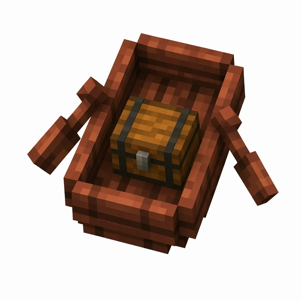 Pixel art illustration of a red-brown mangrove boat with a chest strapped in the middle