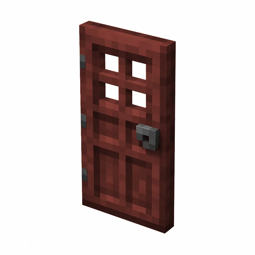 Pixel art illustration of a mangrove wooden door with window holes and a gray metal handle