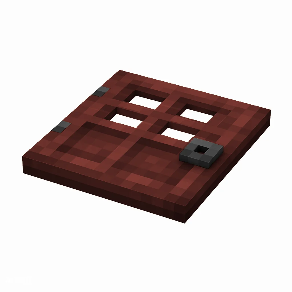 Pixel art illustration of a flat mangrove wooden trapdoor with a dark metal ring handle