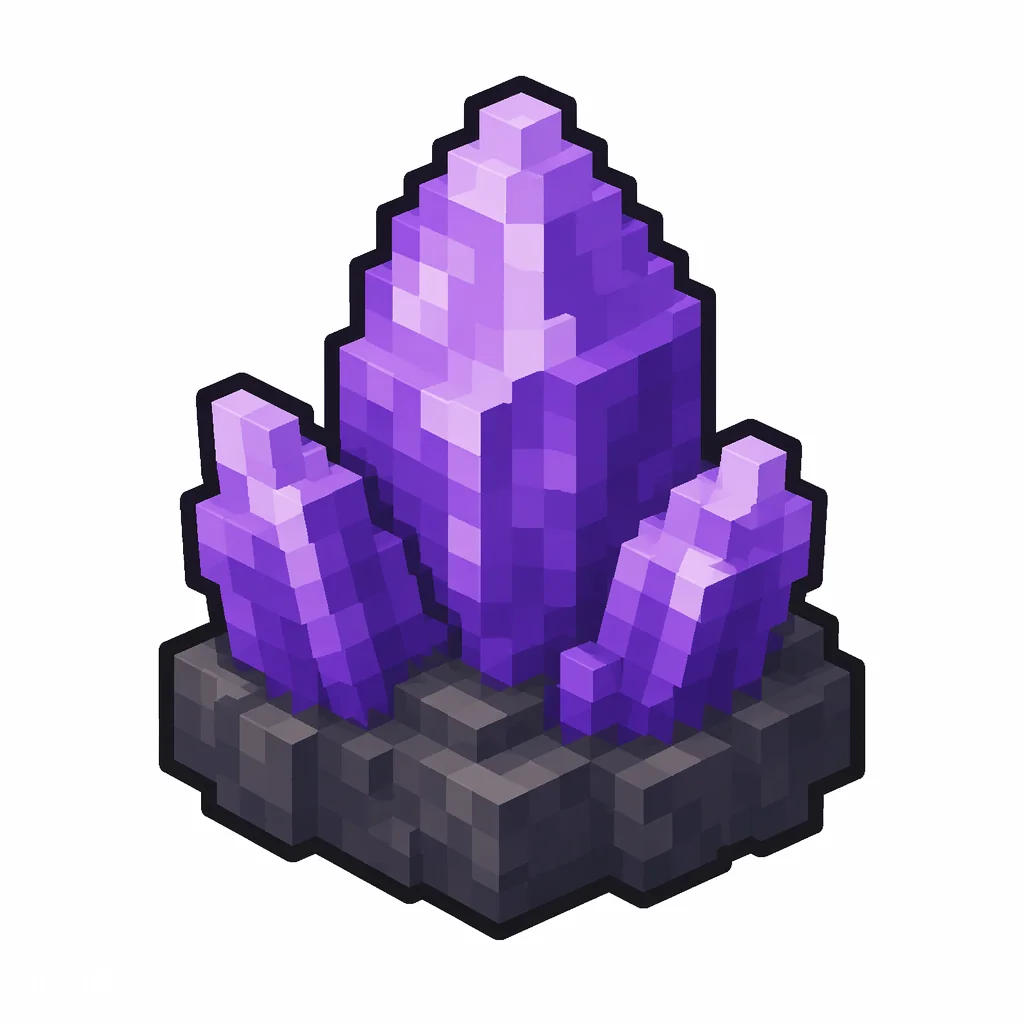 Pixel art illustration of a medium purple amethyst crystal bud on a dark stone base