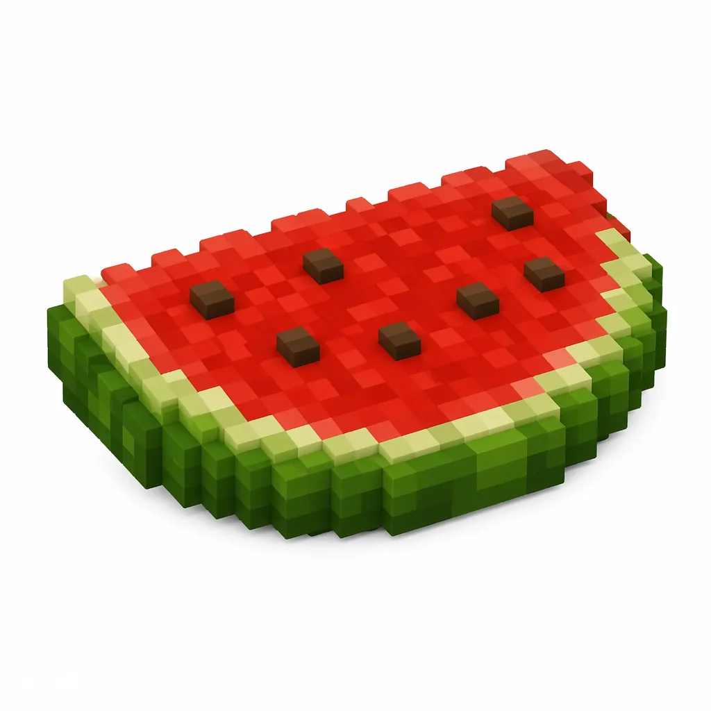 Pixel art illustration of a juicy red melon slice with a green rind and dark seeds