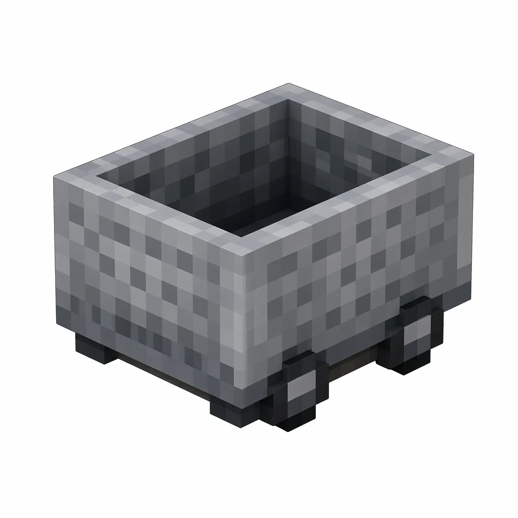 Pixel art illustration of an empty gray iron minecart with small wheels