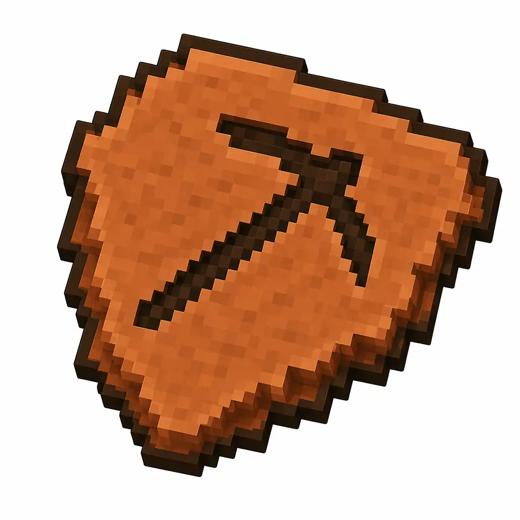 Pixel art illustration of a terracotta pottery sherd engraved with a pickaxe pictograph