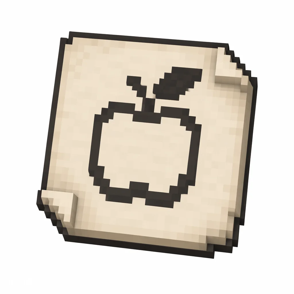 Pixel art illustration of a paper banner pattern printed with a blocky fruit logo emblem