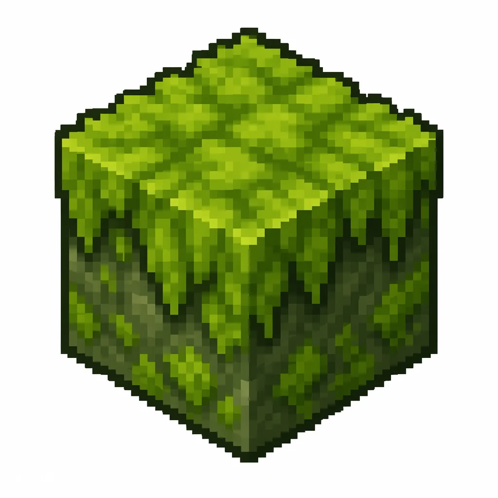 Pixel art illustration of a moss block in chunky voxel game style