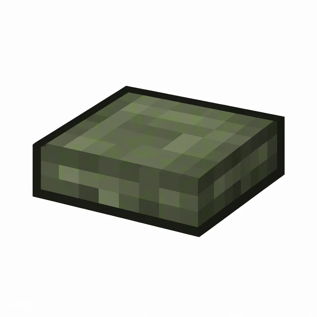 Pixel art illustration of a mossy cobblestone slab, a half-height flat block