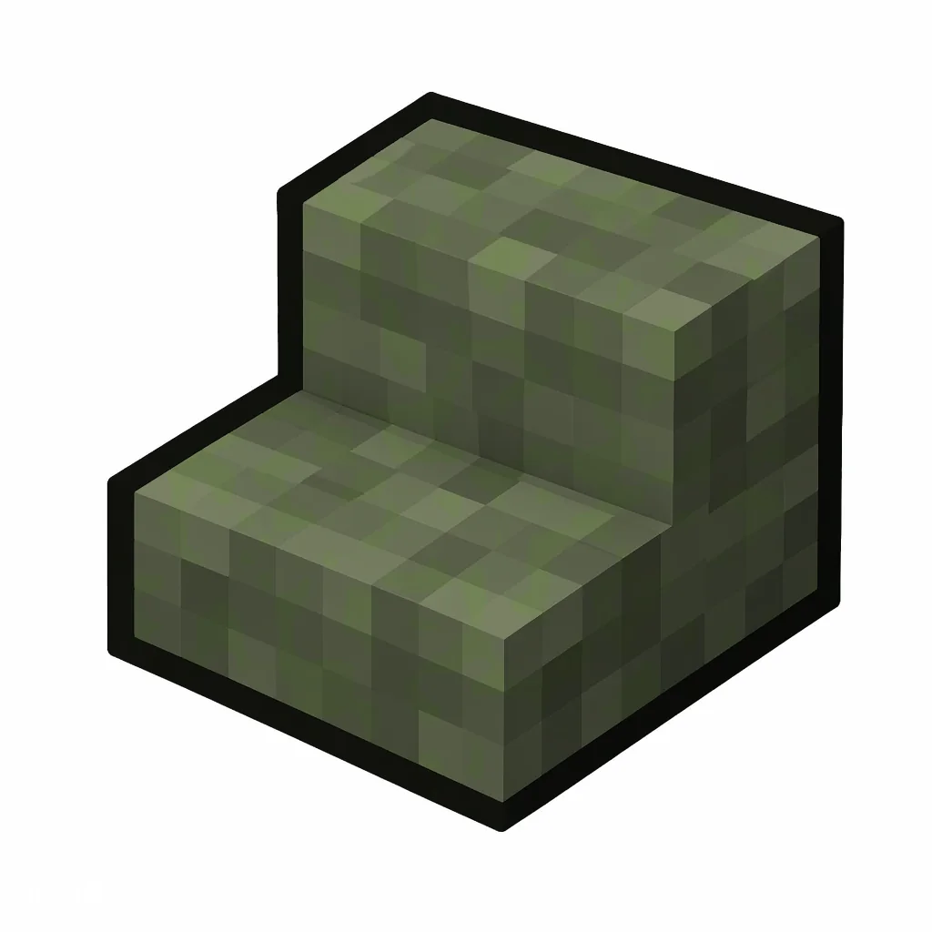 Pixel art illustration of a mossy cobblestone stairs, an L-shaped staircase block