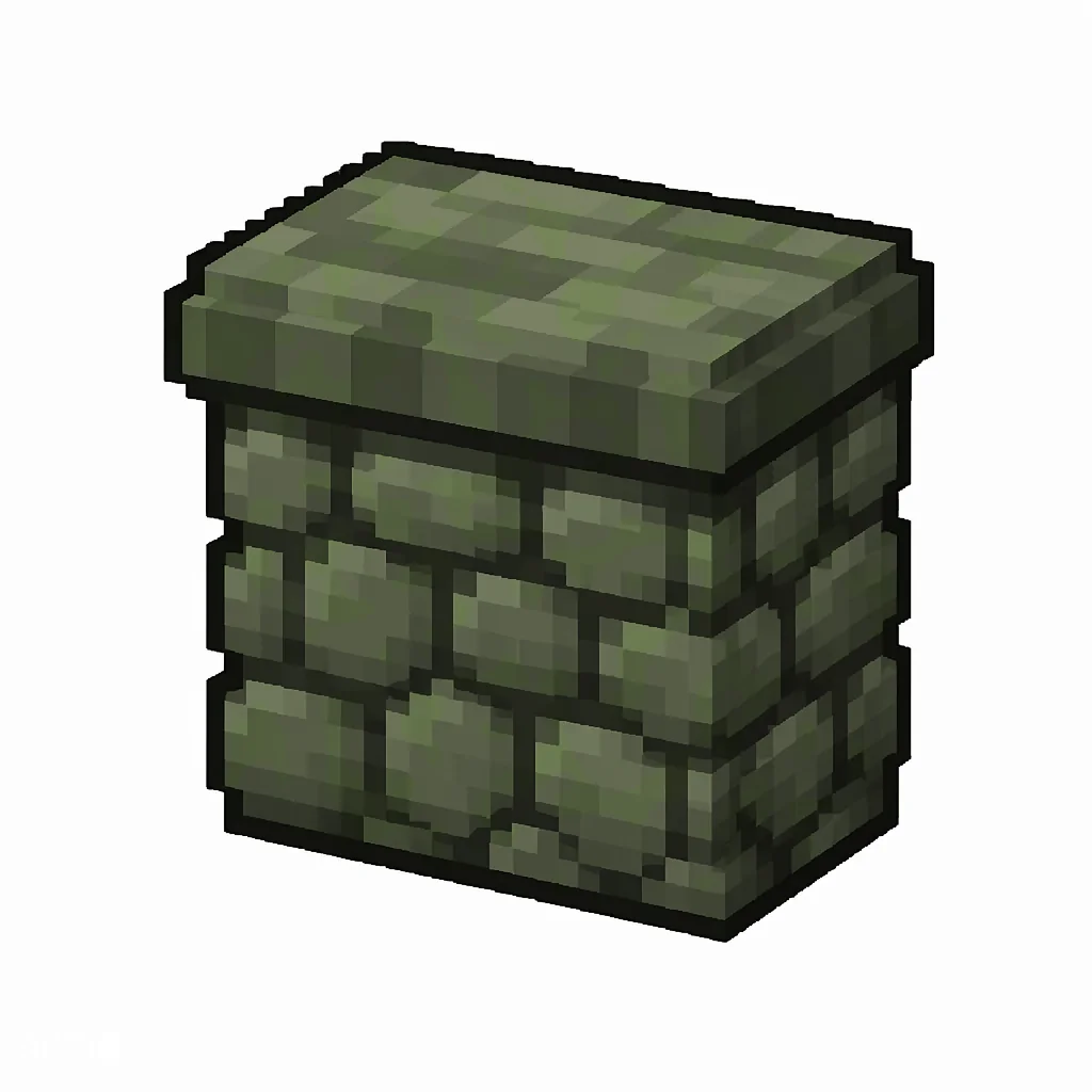 Pixel art illustration of a mossy cobblestone wall, a short sturdy wall pillar