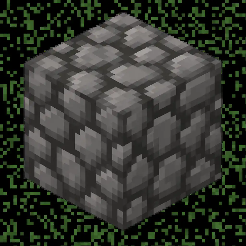 Pixel art illustration of a mossy cobblestone in chunky voxel game style
