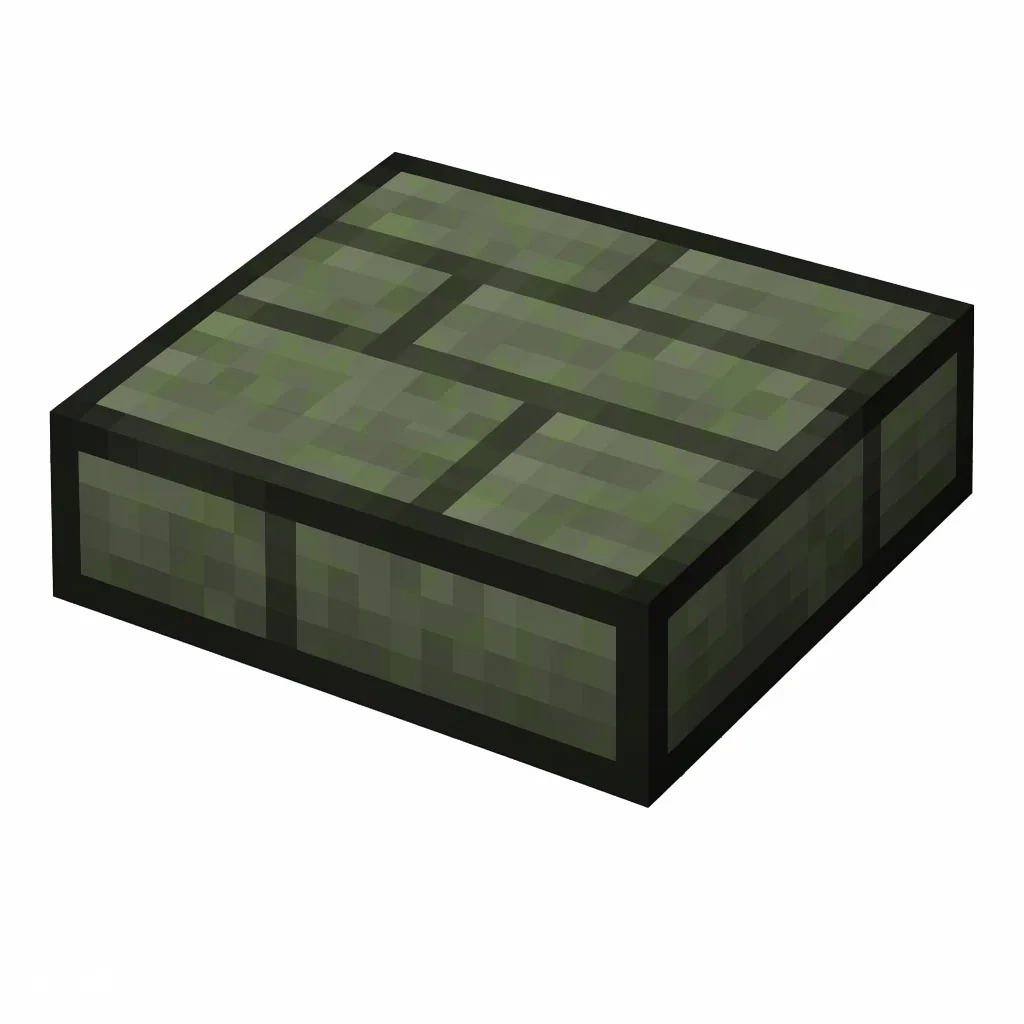 Pixel art illustration of a mossy stone brick slab, a half-height flat block
