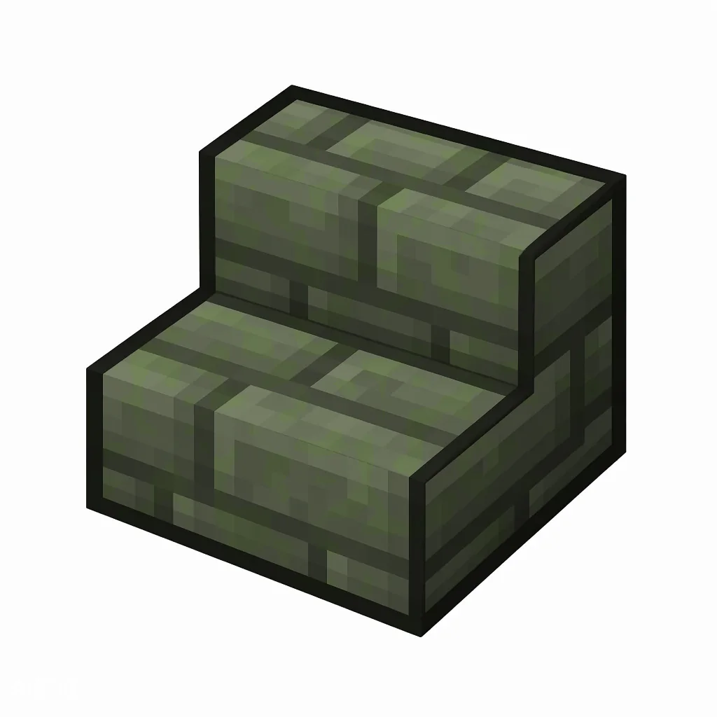 Pixel art illustration of a mossy stone brick stairs, an L-shaped staircase block