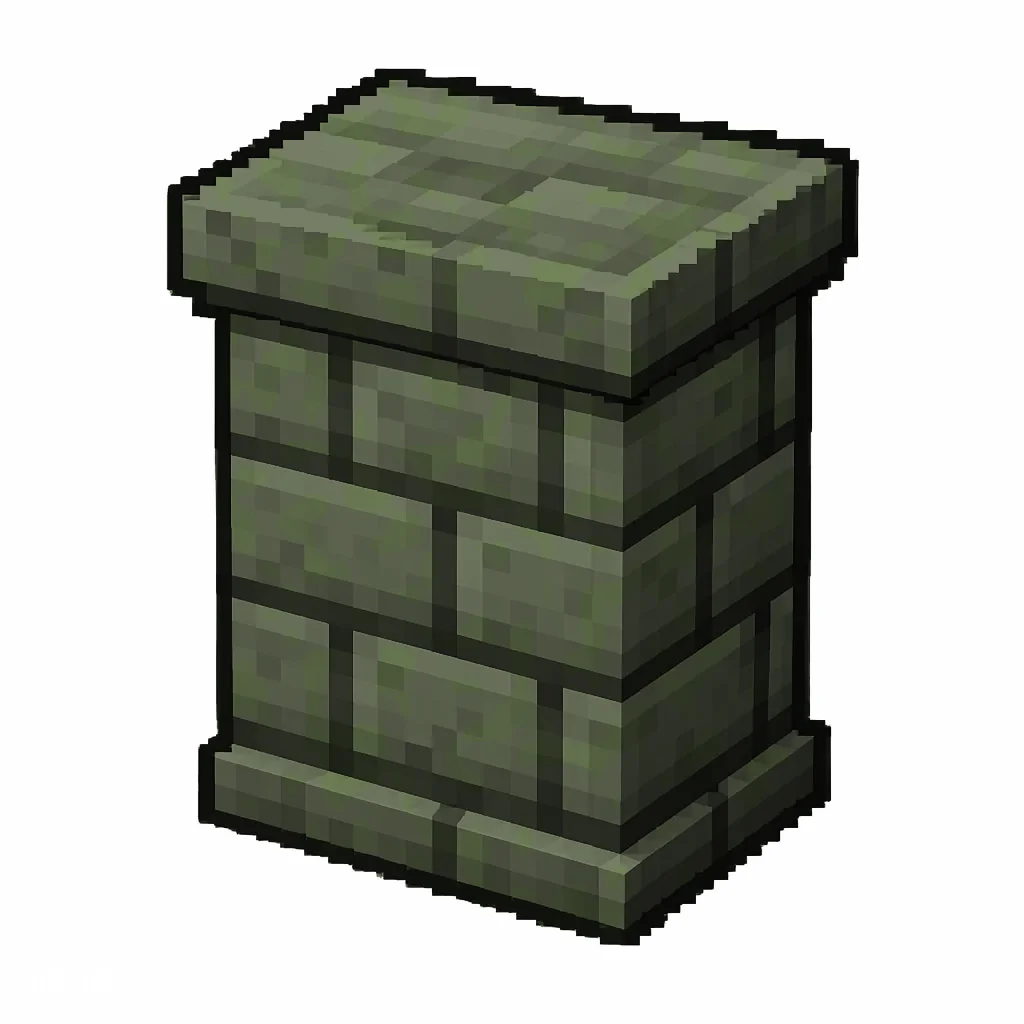 Pixel art illustration of a mossy stone brick wall, a short sturdy wall pillar