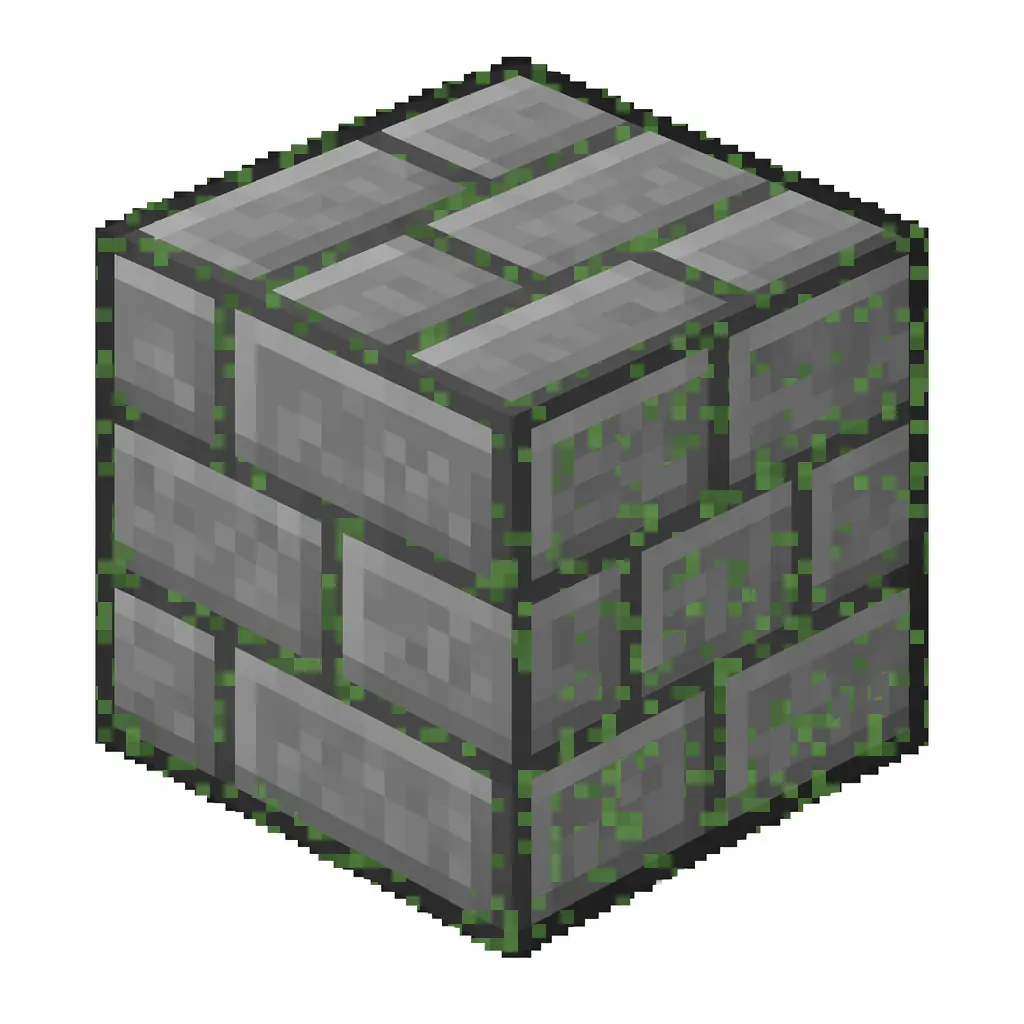 Pixel art illustration of mossy stone bricks, a brick cube block